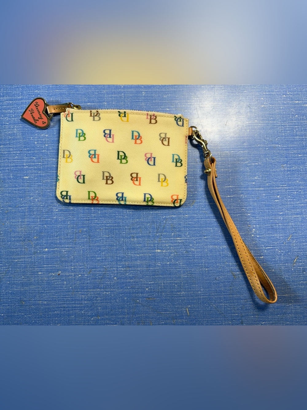 Dooney & Bourke Multicolor DB Logo Wristlet - Cream with Tan Strap